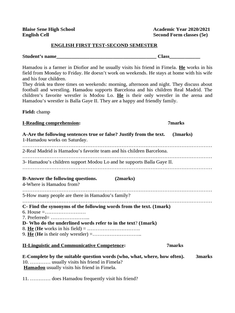 English Test for Second Form Students | PDF