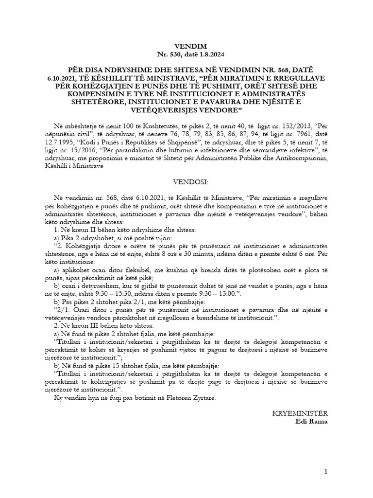 Vendim-2024-08-01-530 - Ndryshime Ne Orarin Zyrtare Te Punes | PDF