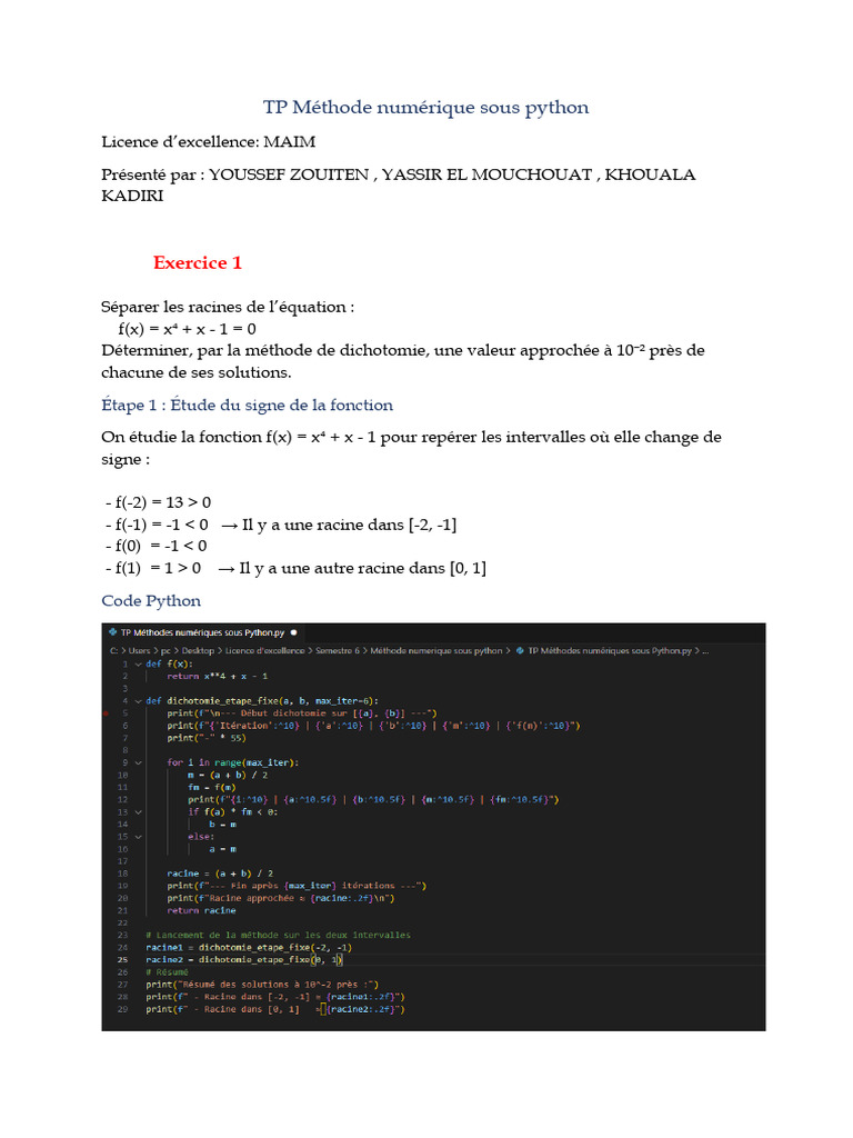 Méthodes numériques en Python : dichotomie et point fixe | PDF