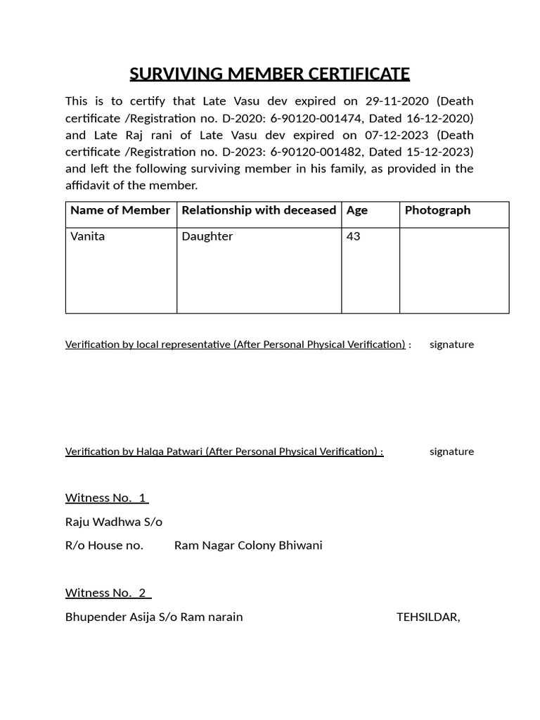 Surviving Member Certificate Details | PDF