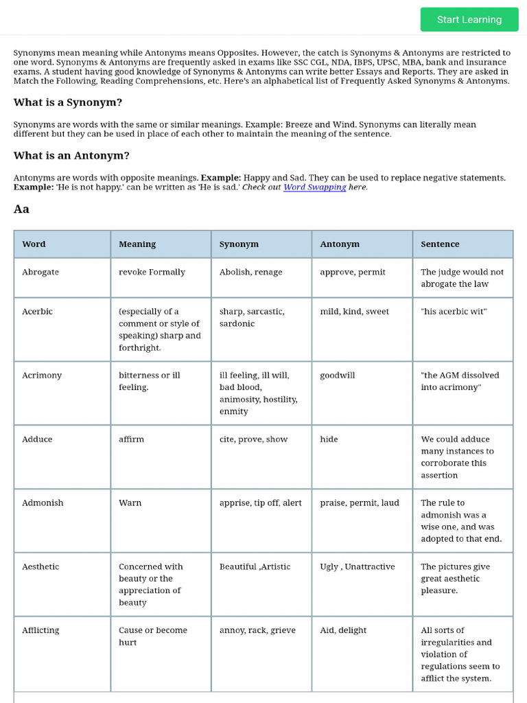 500+ Synonyms and Antonyms PDF List With Words, Meanings | PDF