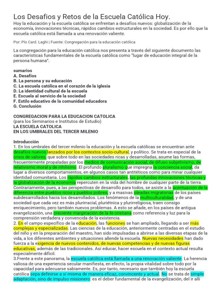 Desafíos de la Escuela Católica Actual | PDF | Iglesia Católica | Escuelas