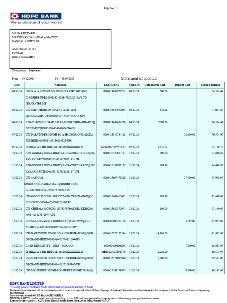 HDFC Bank Account Statement Summary | PDF | Money | Business