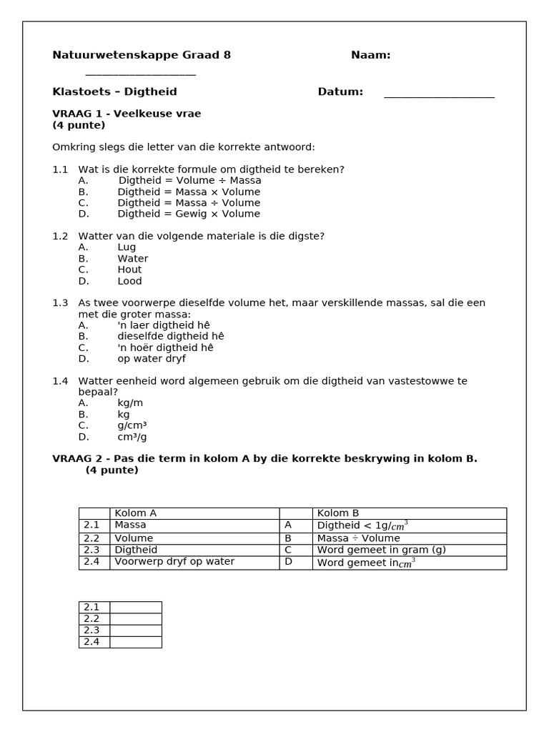 Klastoets Digtheid | PDF
