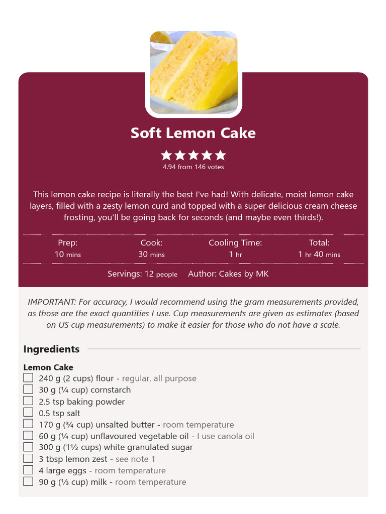 Best Lemon Cake by Cakes by MK | PDF | Cakes | Fat