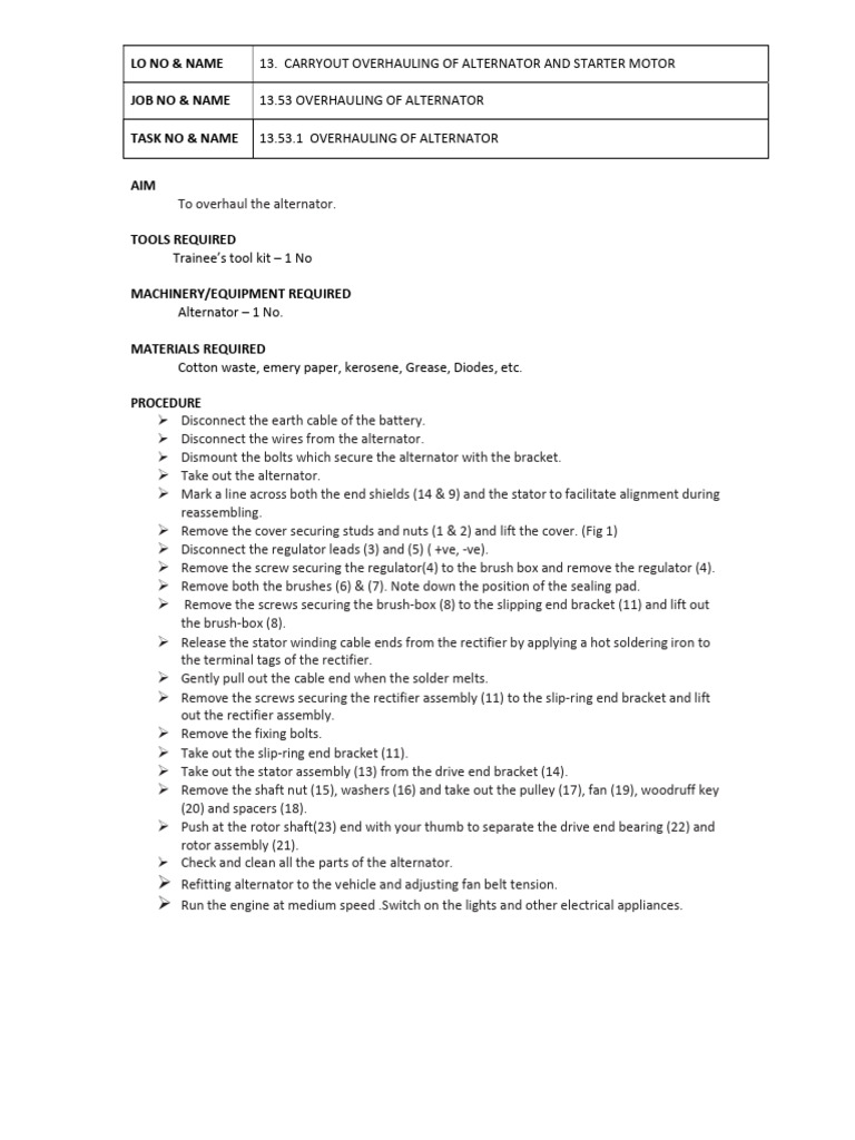 Alternator Overhauling Procedure Guide | PDF
