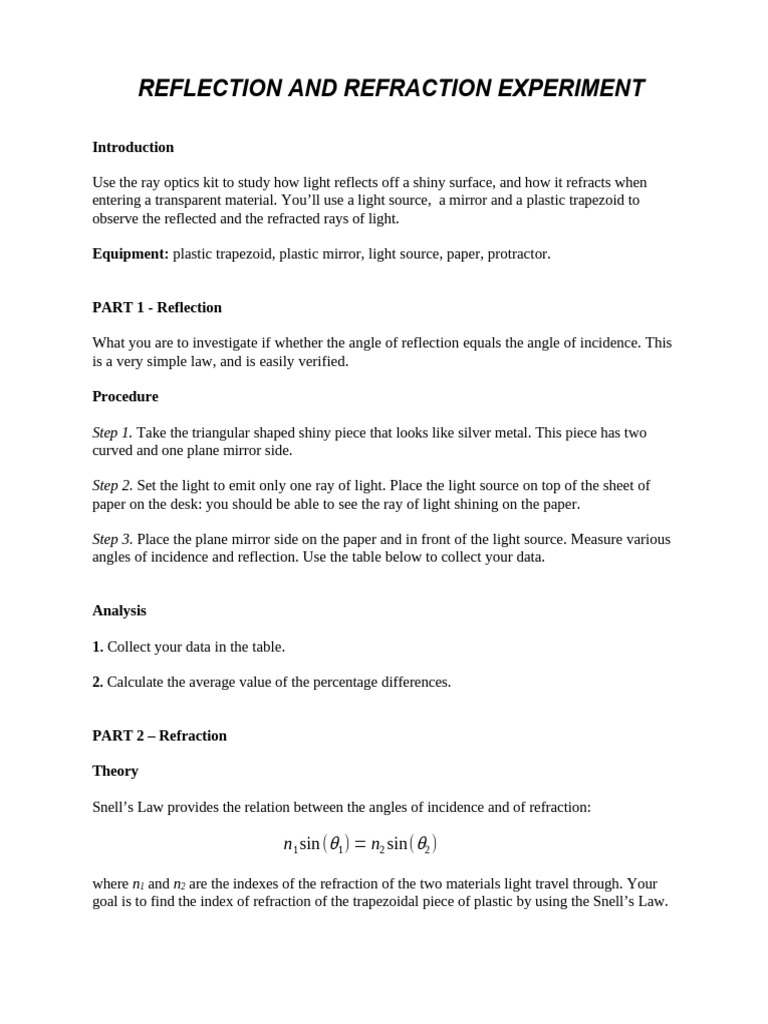 Light Reflection and Refraction Experiment | PDF | Reflection (Physics ...