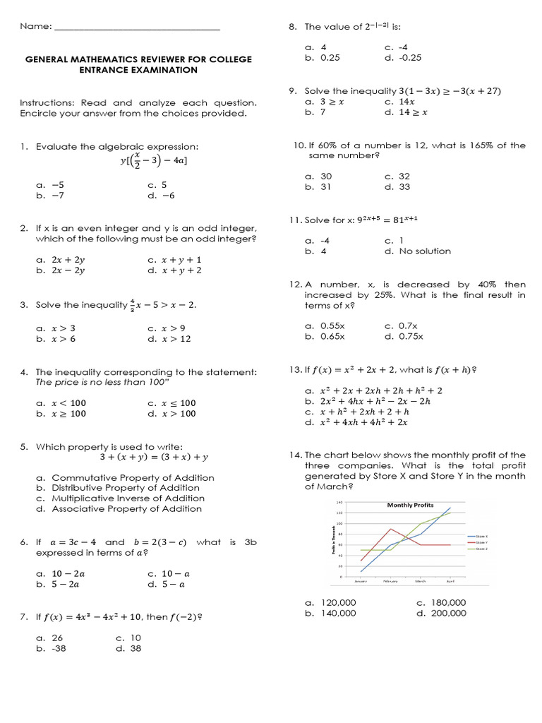 College Entrance Math Reviewer | PDF | Inequality (Mathematics) | Algebra