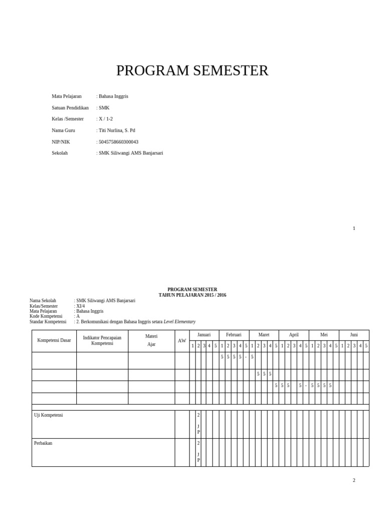 Program Semester Bahasa Inggris SMK | PDF