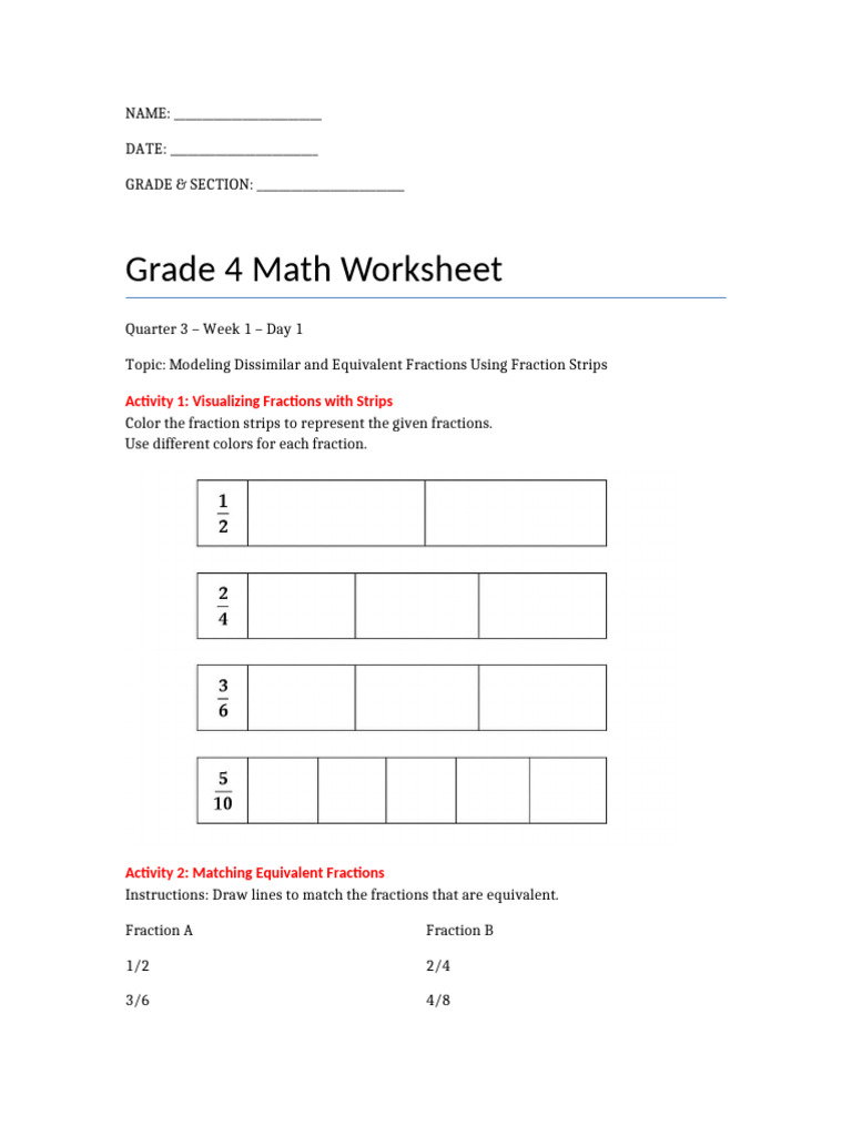 Grade 4 Equivalent Fractions Worksheet | PDF