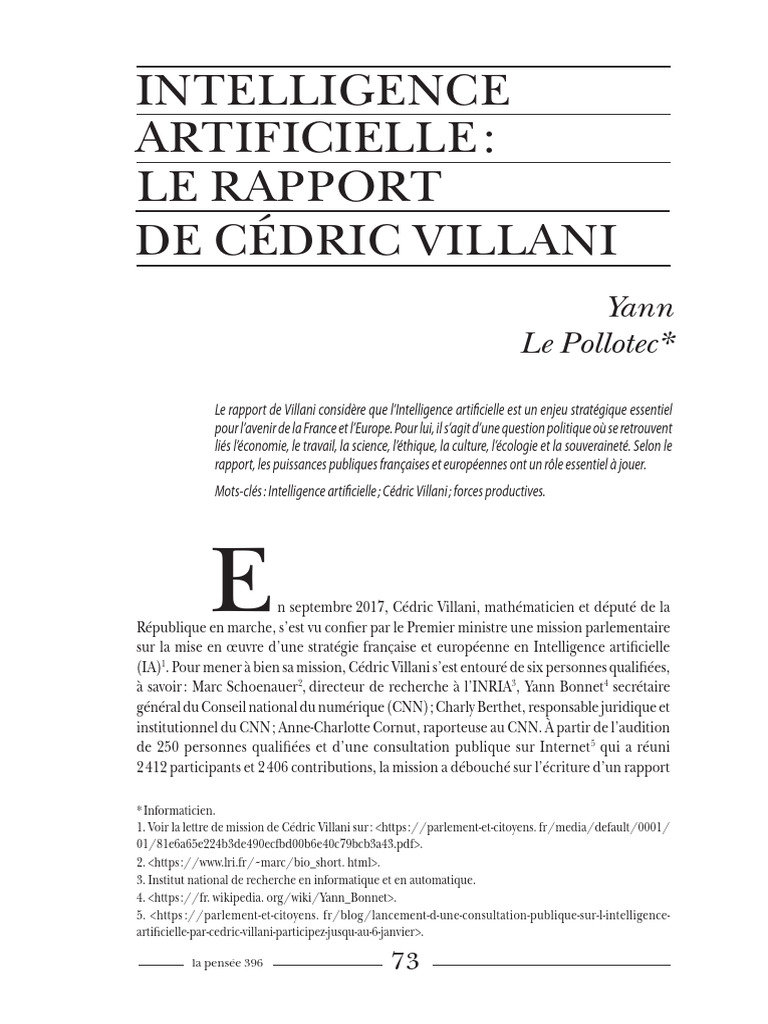 Rapport Villani sur l'Intelligence Artificielle | PDF | Intelligence ...