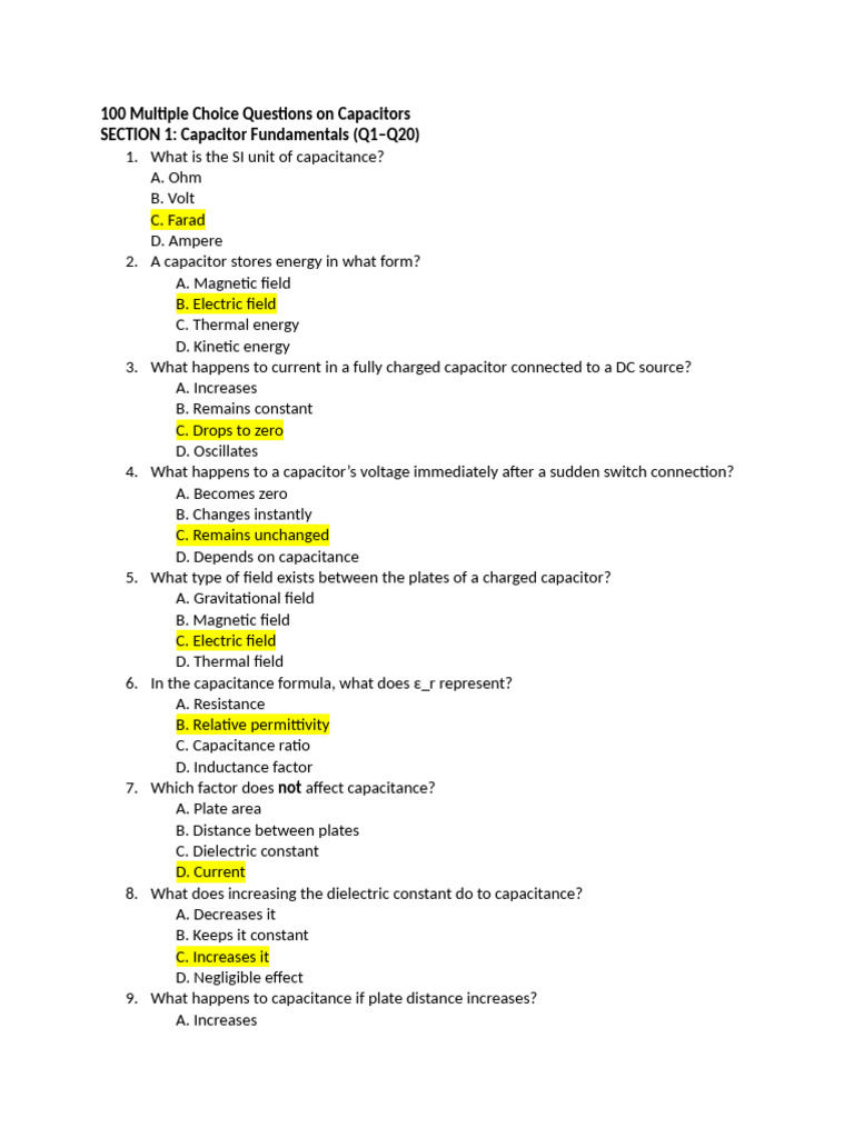 Capacitor Concepts and Behavior Quiz | PDF | Capacitor | Electrical Network