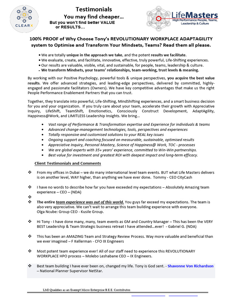 1 Life Masters RevWork Testimonials 2024.213a | PDF | Behavioural ...