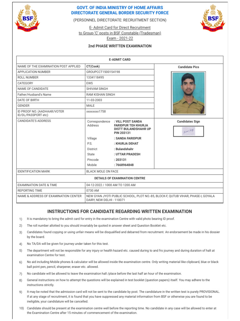 Https Rectt - Bsf.gov - in Applicant Print-Card Id 1676670 | PDF ...