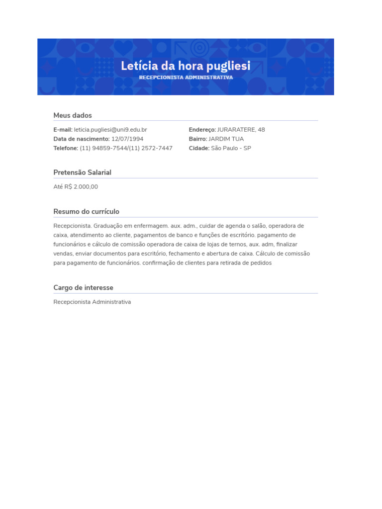 Curriculo Letícia Da Hora Pugliesi | PDF