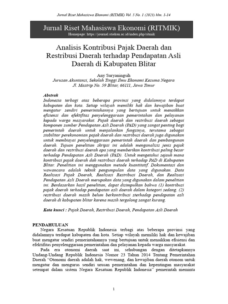 Kontribusi Pajak dan Retribusi PAD Blitar | PDF