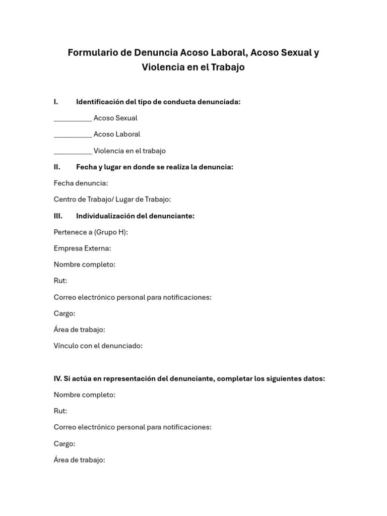 Formulario de Denuncia de Acoso Laboral | PDF | Acoso cibernético ...