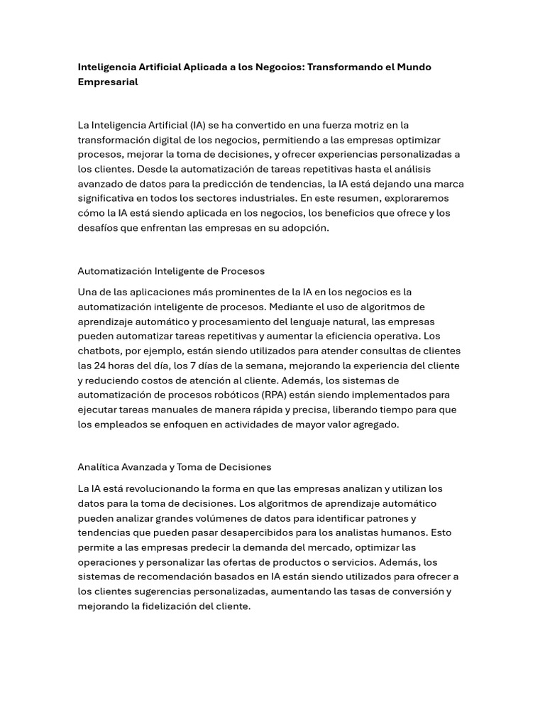 IA en Negocios: Transformación y Retos | PDF | Inteligencia artificial ...