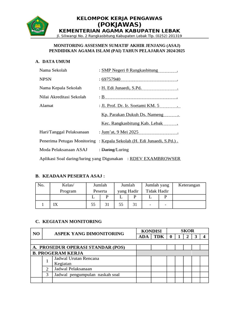 Monitoring ASAJ PAI SMP 2024/2025 | PDF