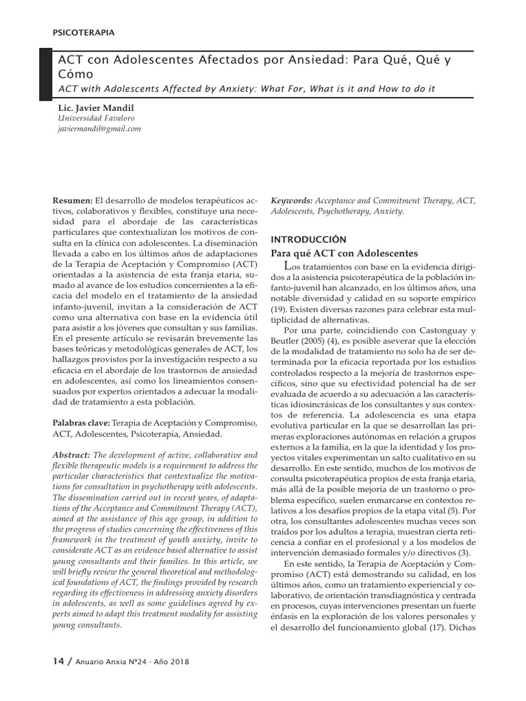 ACT para Adolescentes con Ansiedad | PDF | Terapia de conducta ...