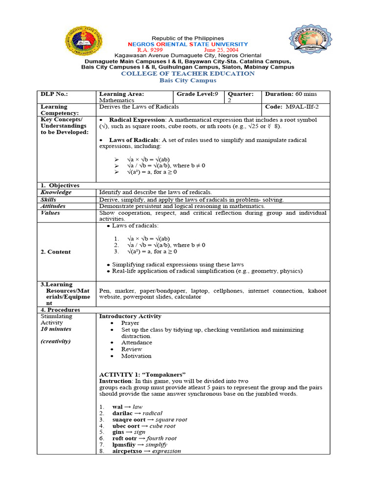Grade 9 Lesson Plan Maria | PDF | Square Root | Mathematics
