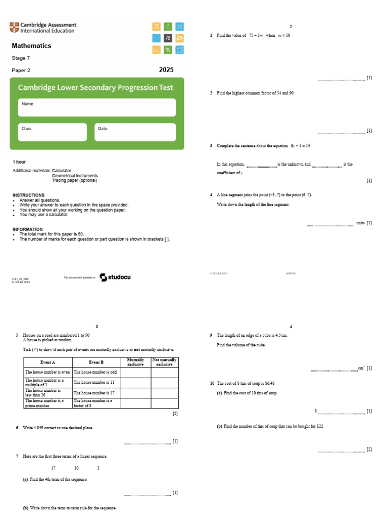 Cambridge Stage 7 Mathematics Paper 2 | PDF | Area | Mathematical Concepts