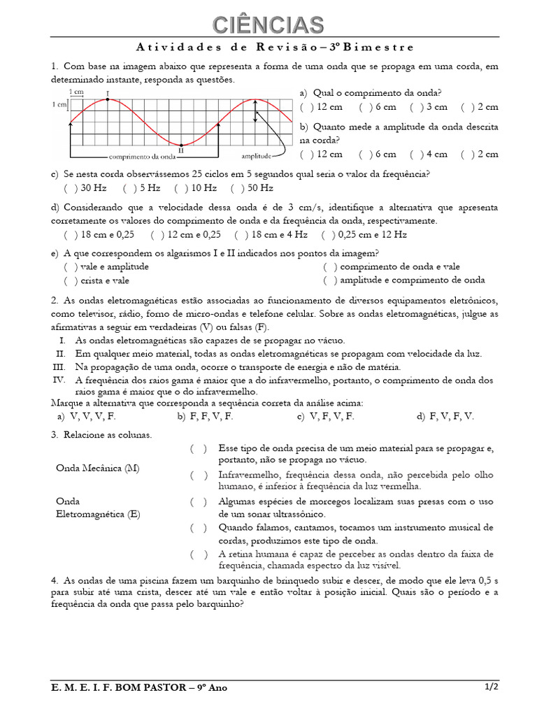 Atividades sobre Ondas - 9º Ano 3º Bimestre | PDF | Ondas | Frequência
