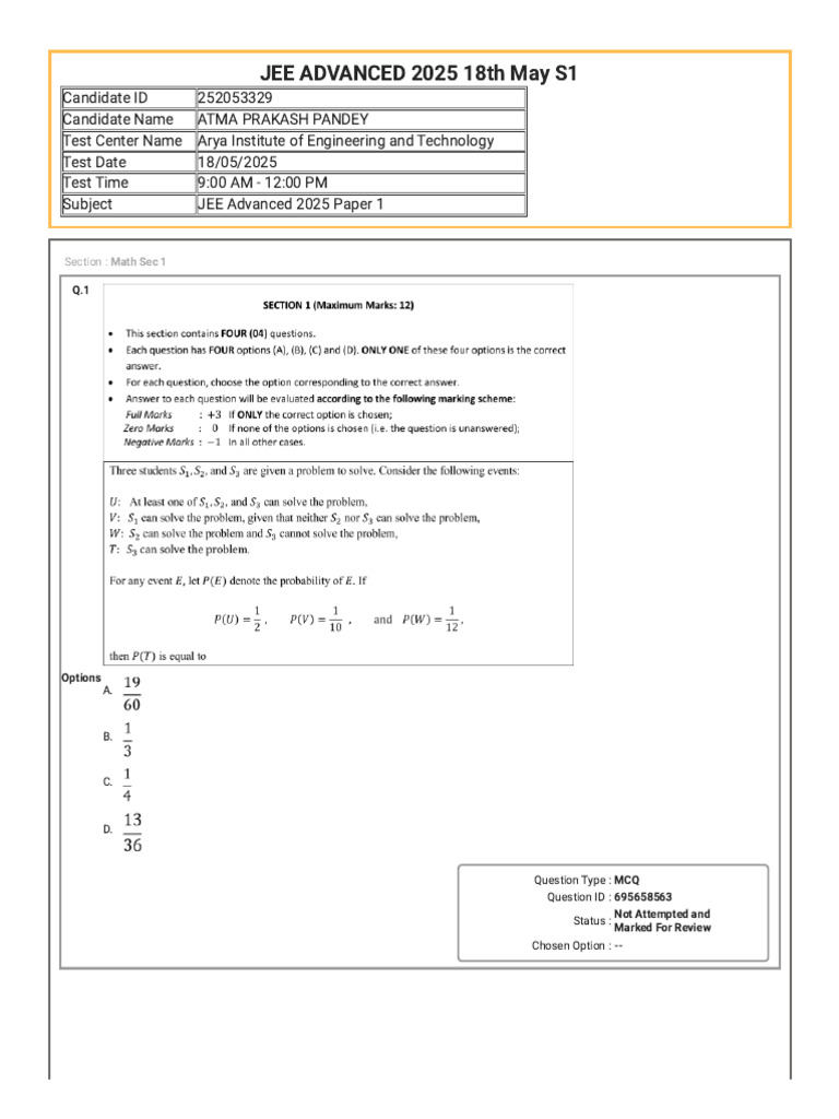 JEE ADVANCED 2025 18th May S1: Section: Math Sec 1 | PDF | Multiple ...