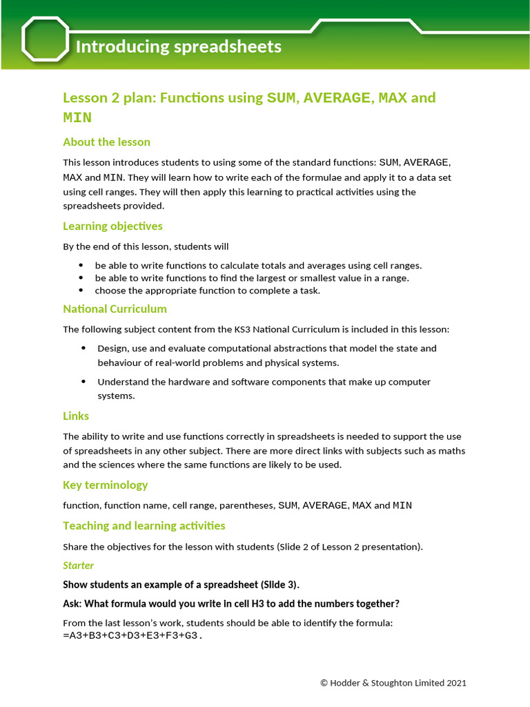 Spreadsheet Functions Lesson Plan | PDF | Spreadsheet | Microsoft Excel