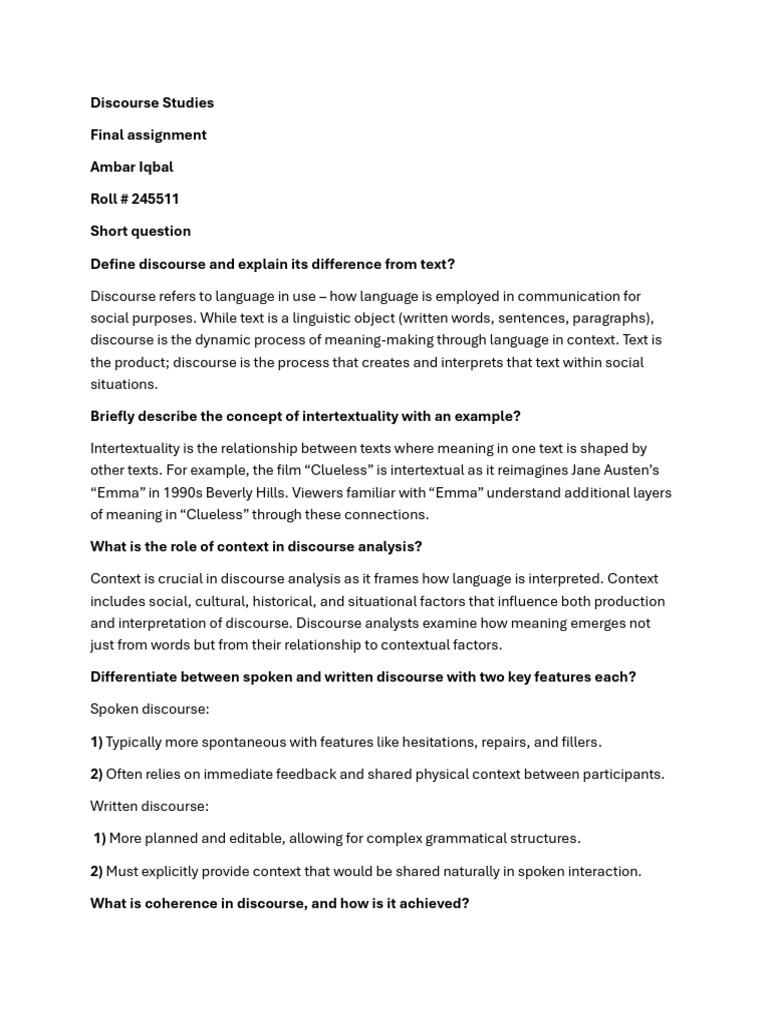 Discourse Analysis: Concepts and Approaches | PDF | Discourse | Human ...