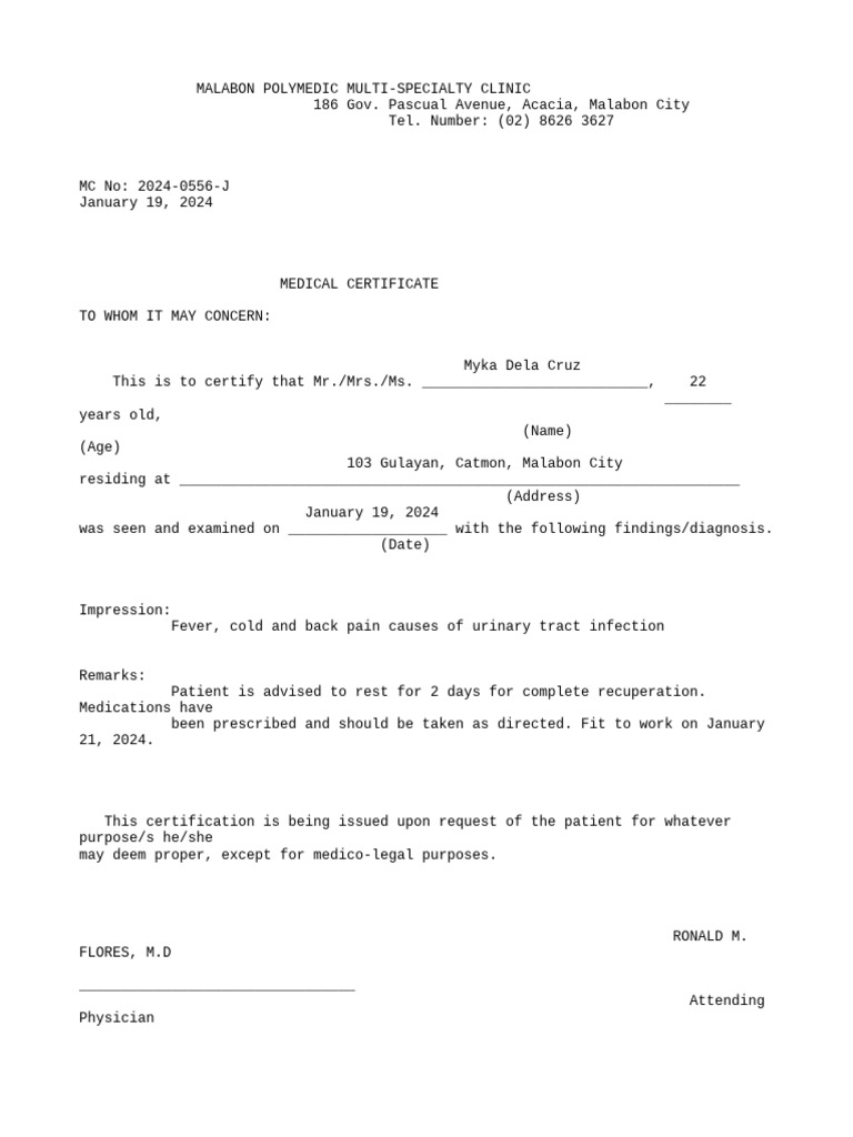 Medical Certificate for UTI - Malabon | PDF
