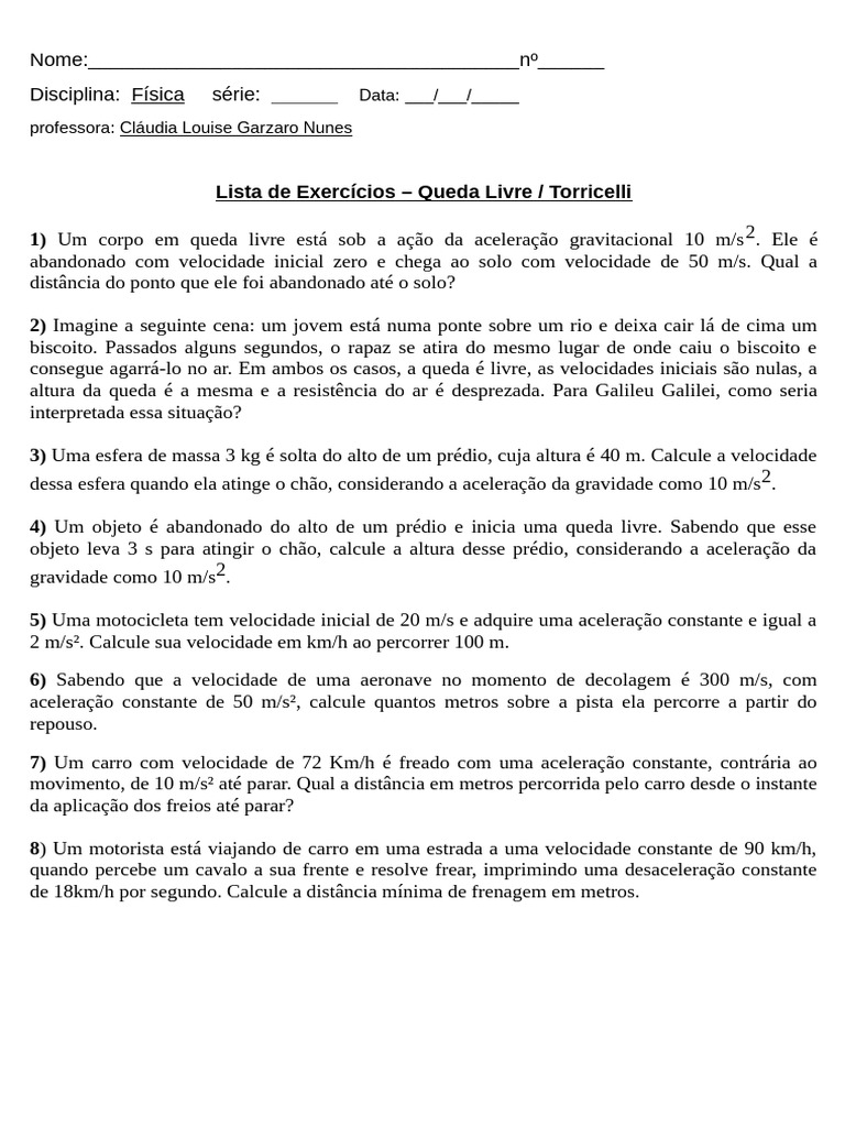 Exercícios sobre Queda Livre | PDF