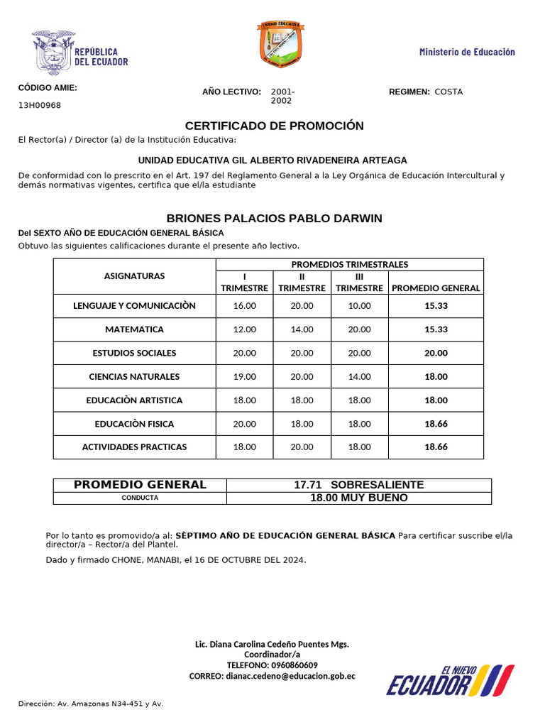 Certificado de Promoción Escolar 2024 | PDF | Aprendizaje