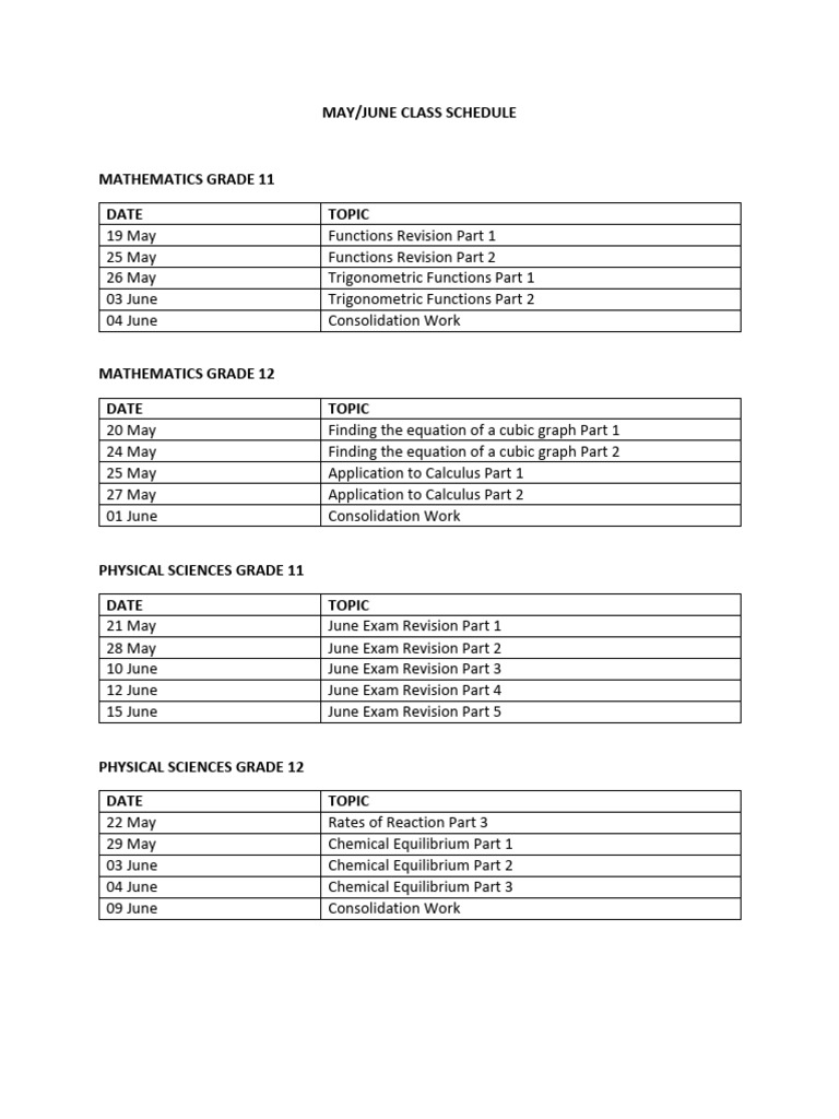 May/June Math & Science Class Schedule | PDF