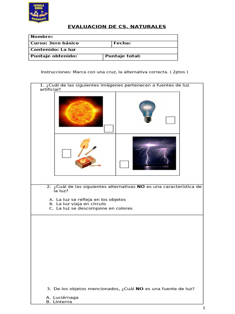 Evaluación de Luz 3er Básico | PDF | Ligero | Arco iris
