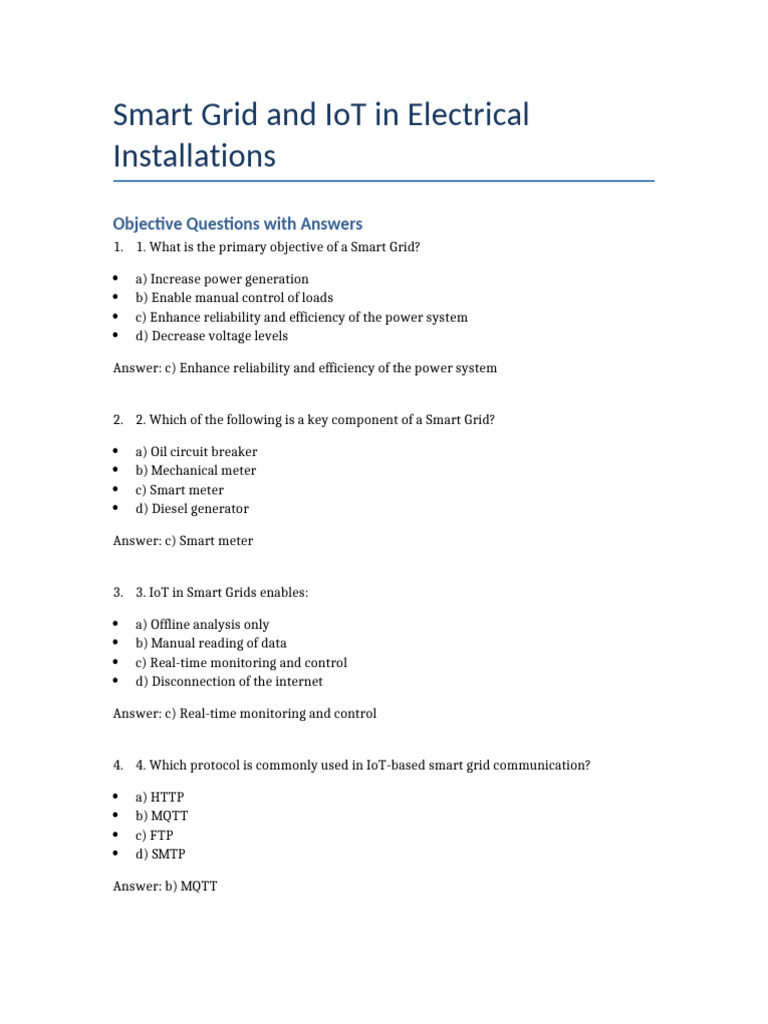 Smart Grid Objective Questions | PDF