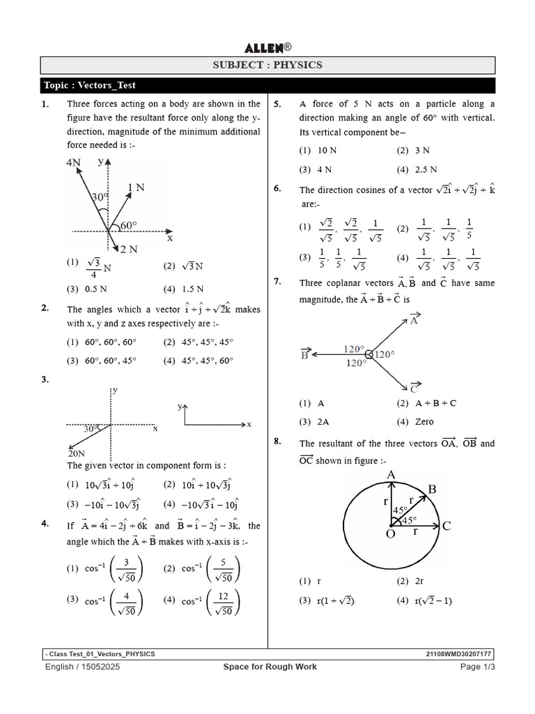 Class 11 Vectors Test Questions | PDF | Euclidean Vector | Force