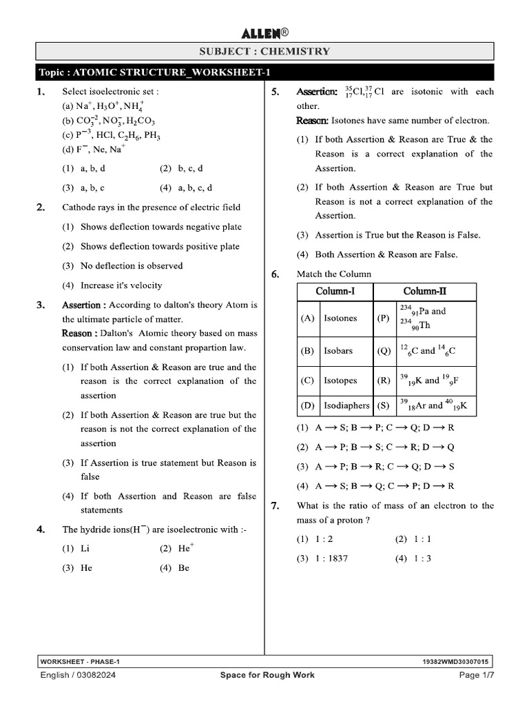 0308 CSN Worksheet-1 Neet Atomic Structure 19382wmd30307015-Allen | PDF
