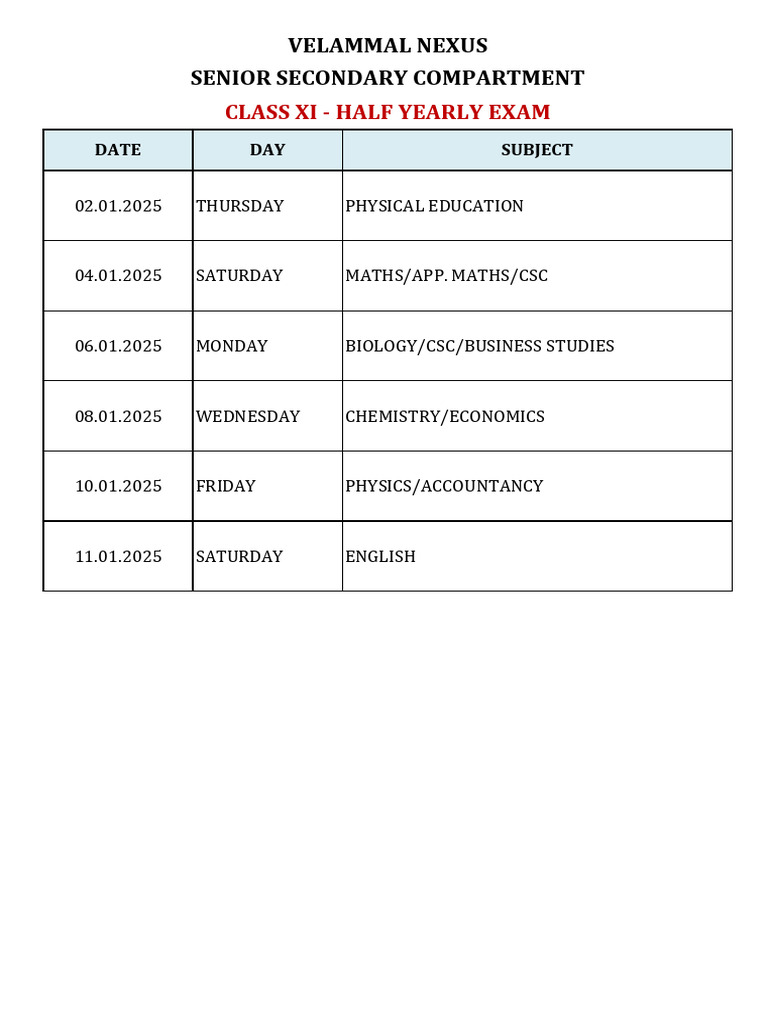 Class 11 Half Yearly Exam Schedule 2025 | PDF | Applied And ...