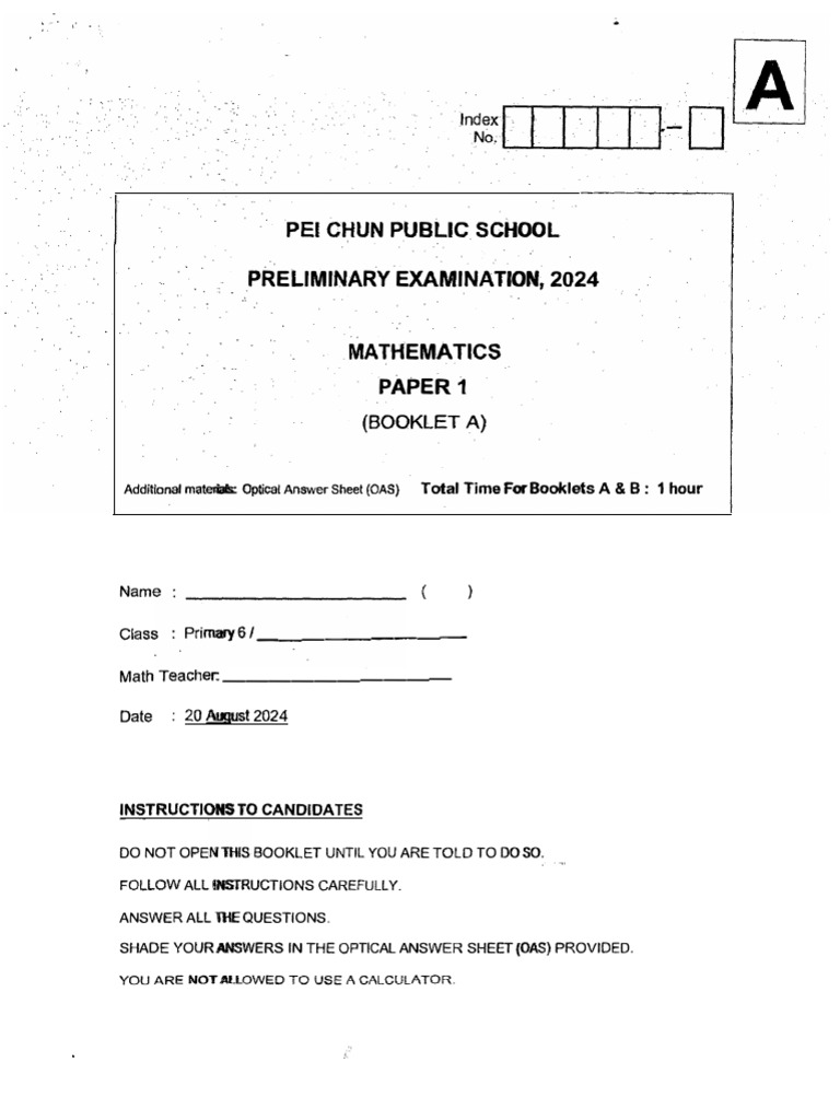 Pei Chun 2024 P6 Math Prelim Exam | PDF