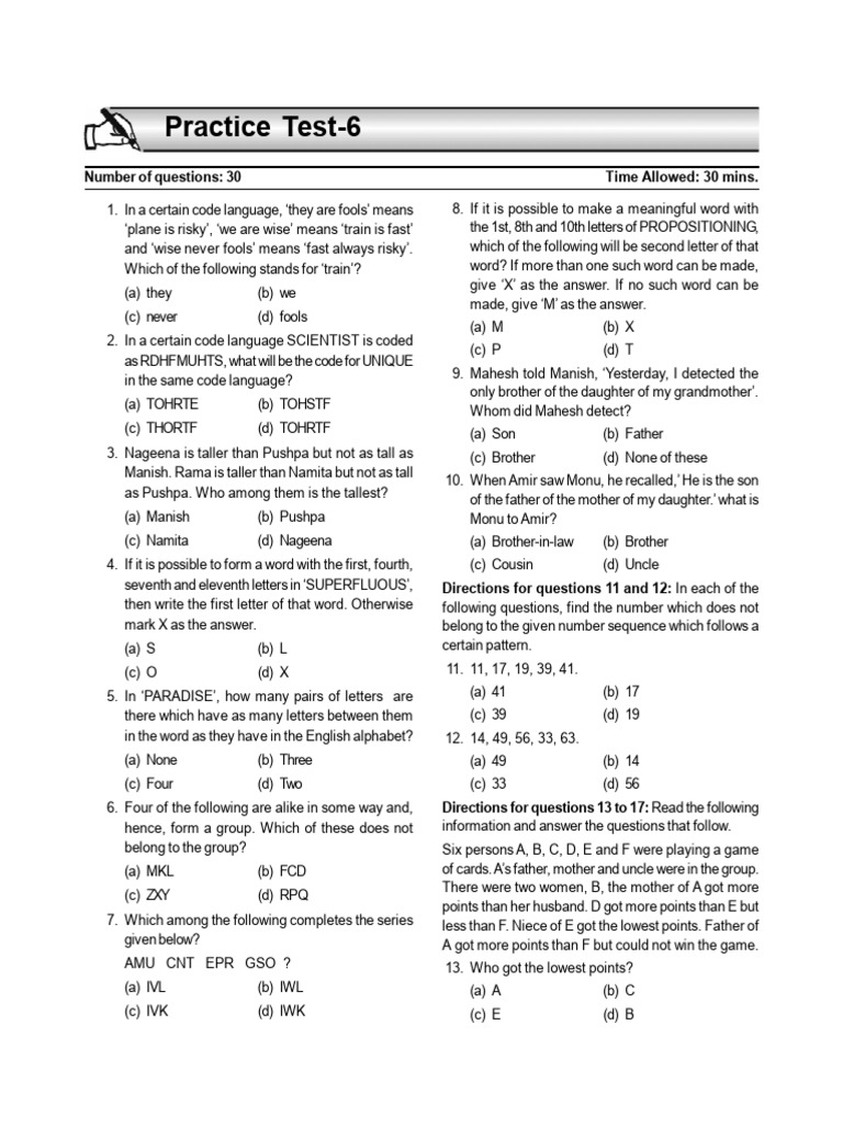Practice Test 6: Logical Reasoning & Coding | PDF