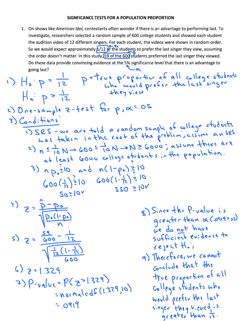 Tests For 1 Proportion Worksheet Solutions For #1 | PDF