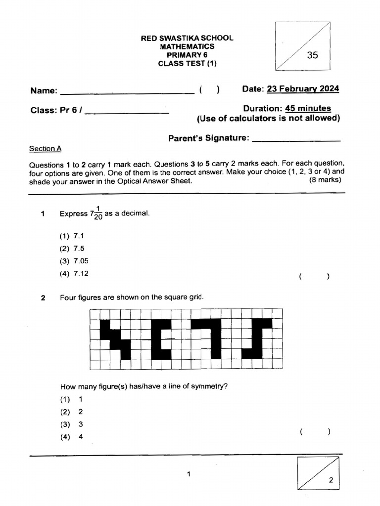2024-P6-Maths-Class Test 1-Red Swastika | PDF