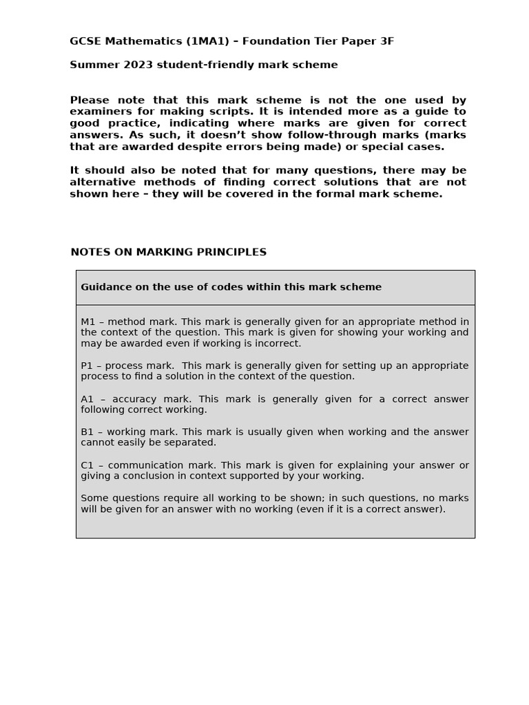 03d 1MA1 3F June 2023 Student-Friendly Mark Scheme | PDF | Mathematics