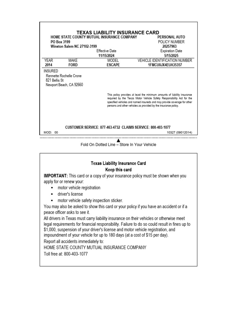 Texas Liability Insurance Card Details | PDF