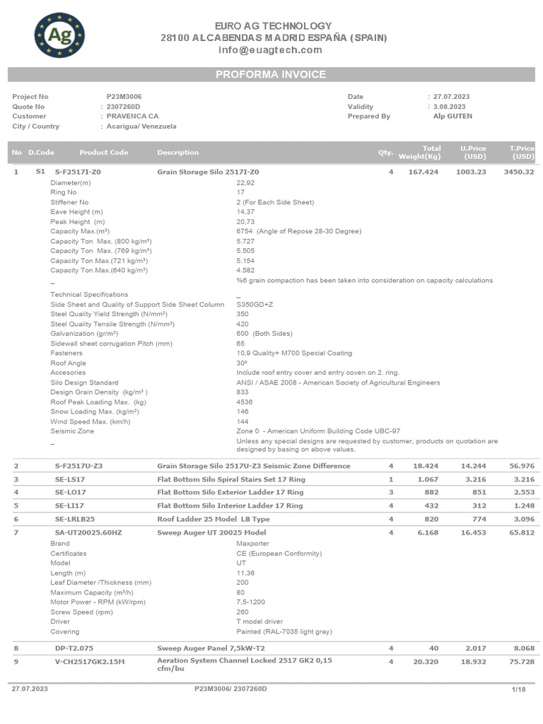 Proforma Invoice for Grain Storage Silos | PDF | Belt (Mechanical) | Length