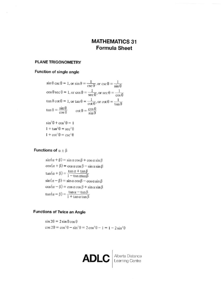 Math 31 Formula Sheet Overview | PDF | Special Functions | Functions ...