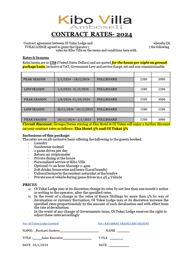 Kibo Villa Amboseli 2024 - Contract Rates | PDF | Receipt | Money