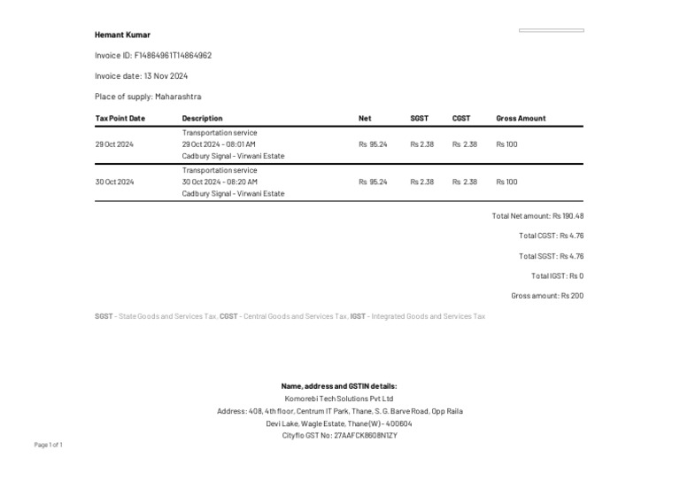 Cityflo - Invoice - 1st Oct, 2024 - 31st Oct, 2024 | PDF