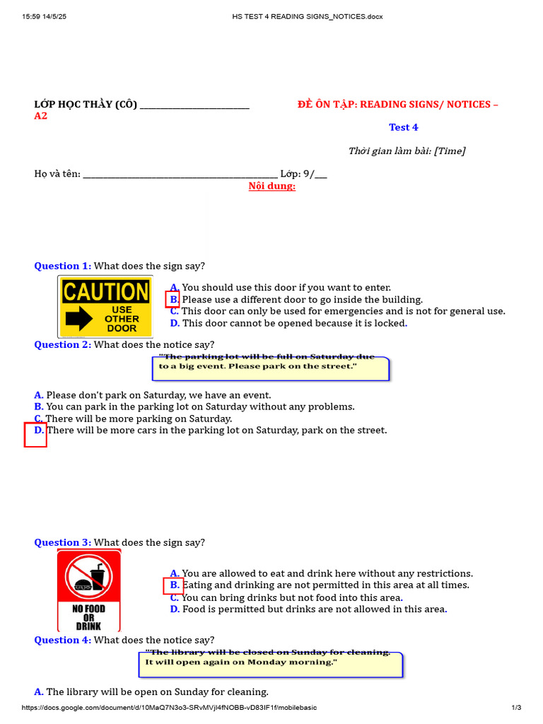 Reading Signs and Notices Test A2 | PDF